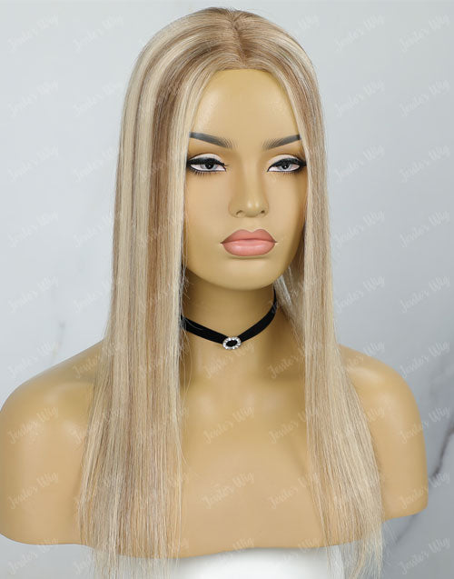 Remy Human Hair Topper Highlight Brown Mixed Platinum Blonde 6"X7" Lace Front Clip In