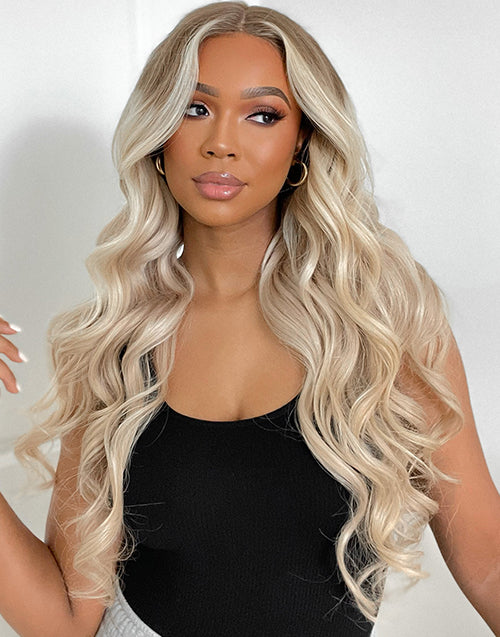 14" 26" 30" Ombre Ash Blonde Highlight Wavy Wig With Dark Roots Flash Deal