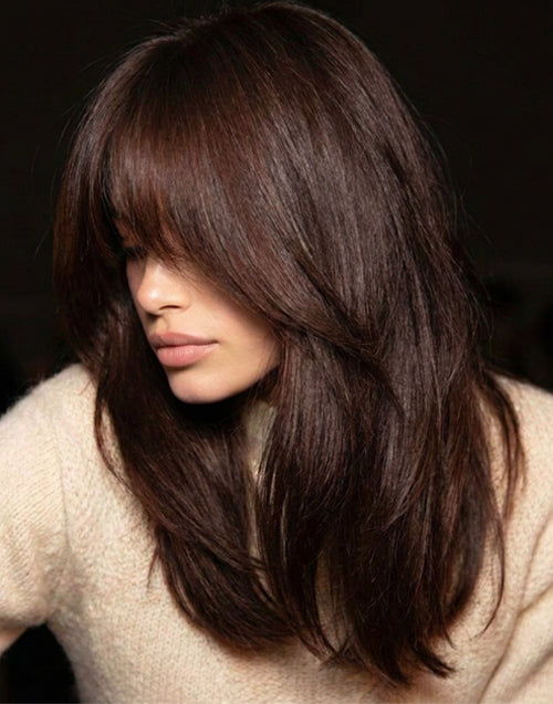 Sloane- Warm Brown Human Hair Wigs With Wispy Bangs Face Framing Glueless Wigs