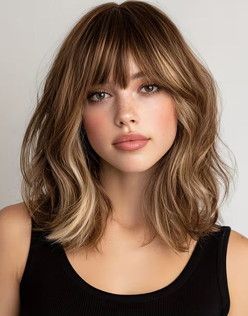 Nita- Balayage Brown Golden Blonde Wavy Bob Wig With Bangs For Women 5.5X5.5 Lace Closure Wig