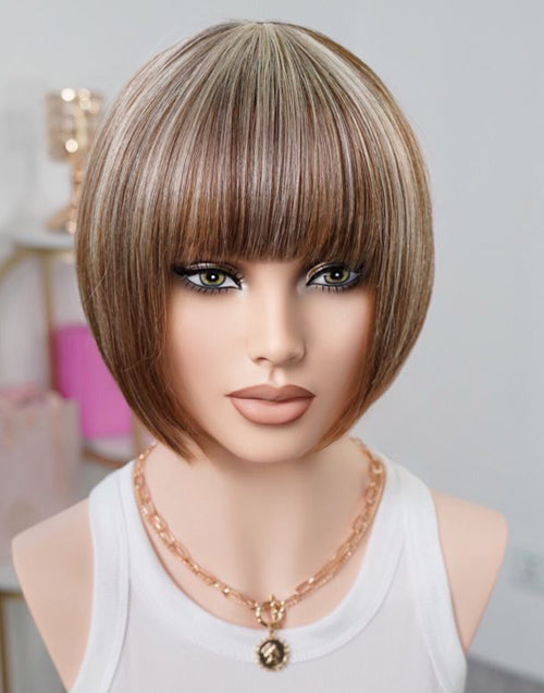 Meale- Brown Mixed Blonde Highlight Straight Bob Wig With Bangs Glueless Machinemade Wigs
