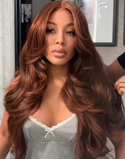Copper Brown Slight Layered Wavy Glueless Wig 13x5 Pre Cut Lace Human Hair Wig