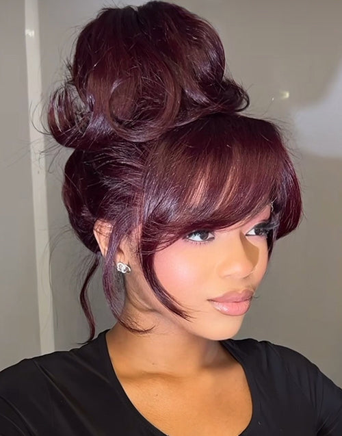 [Ready To Ship Only For US] Ethel- Burgundy Colored Curtain Bangs Layered Wavy 13x5 Pre Everything Glueless Wig