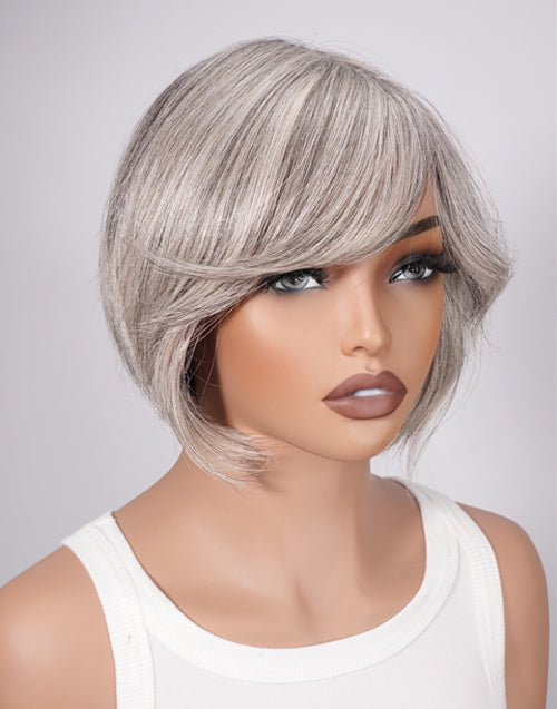 Toya- Highlight Light Grey Straight Wig With Side Bangs Full Basic Cap 100% Human Hair Wigs Short Cut Style