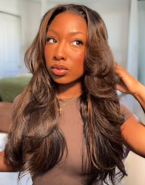 Astrid- Brown Highlight Curtain Bangs Layered Wavy 13x5 Pre Everything Glueless Wig Human Hair