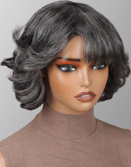Arit- Medium Salt & Pepper Natural Wavy Bob Wig With Bangs For Women Glueless Wig Silver Gray Non Lace Wig