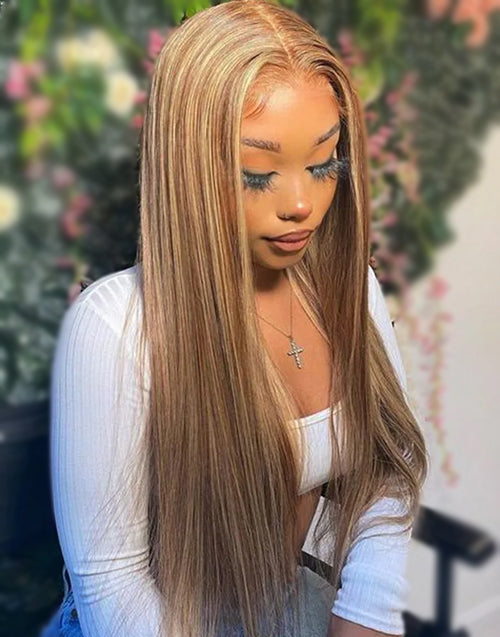 22" Highlight Honey Brown Straight 7x5 Pre Cut Lace Wigs Flash Deal