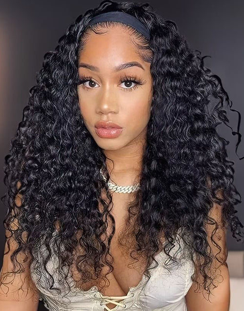 26" Water Wave Headband Human Hair Wig Easily Do High Ponytail/Bun By Yourself Flash Deal
