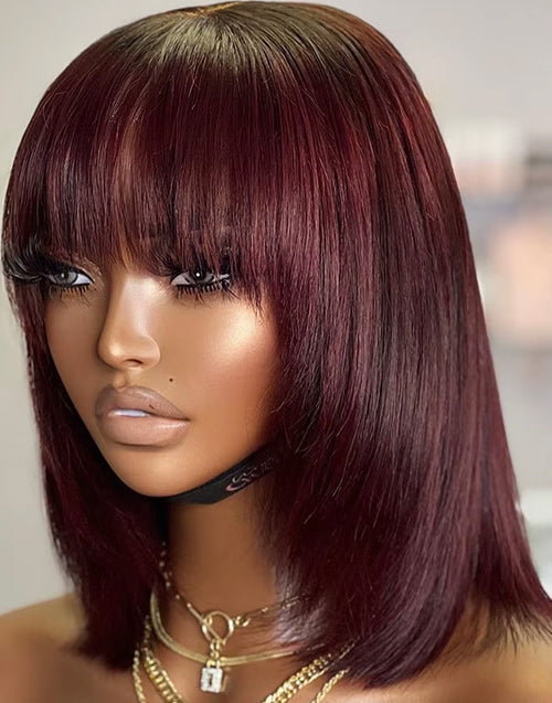 12" Burgundy Layer Cut Straight Bob Wigs With Bangs 4x4 Lace Wig Flash Deal