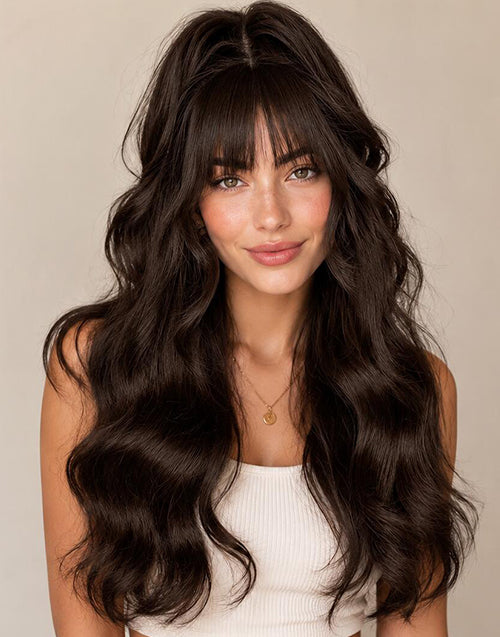 26" Dark Brown Body Wave Pre Cut 13x5 Lace Glueless Wig With Bangs Flash Deal