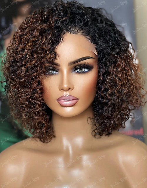 EXTRA 25% OFF 12" Ombre Brown Curly Bob Glueless 4x4 Pre Cut Lace Wig Flash Deal