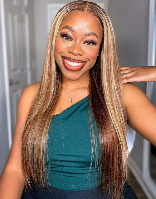 22" Highlight Honey Brown Straight 7x5 Pre Cut Lace Wigs Flash Deal