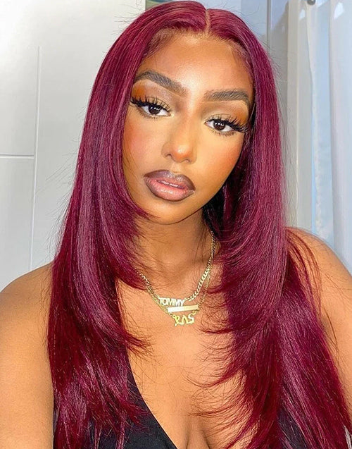 22" Burgundy 99J Color Straight Layered Wigs 6x5 Pre Cut Lace Glueless Wig Flash Deal