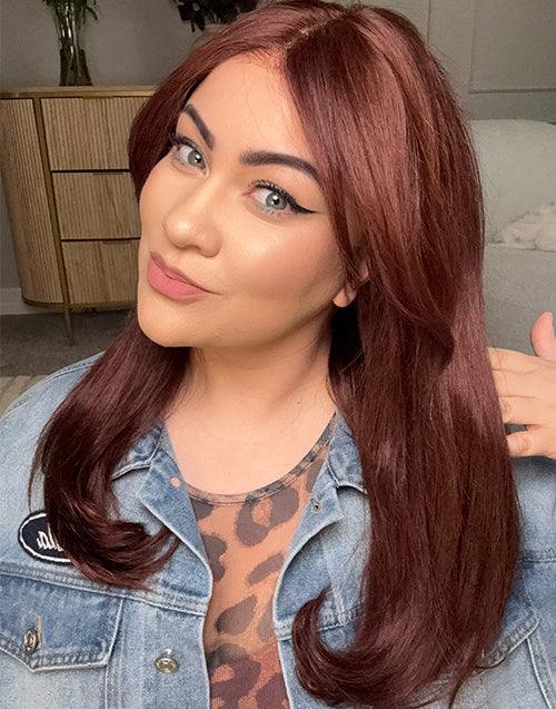 Hayes- Celebrity Same Reddish Brown Layered Straight Pull Go Wig With Curtain Bangs Pre Cut Lace With Drawstring