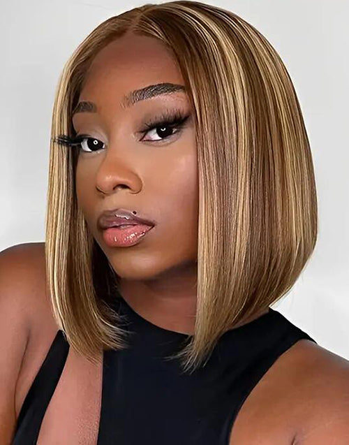 2 WIGS=$159|14" Brown Highlight Wavy Bob 5x5 Pre Cut Lace Wig With Bangs+10" Balayage Bob Straight 13x5x1 Lace Wig Flash Deal
