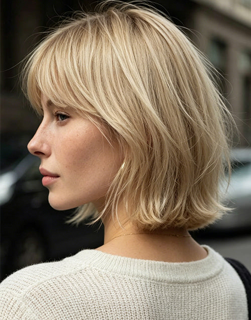 Ticey- Minimalist Lace Ombre Honey Highlight Wavy Bob Wig With Curtain Bangs For Women