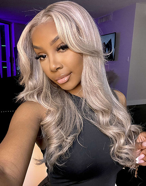 20" Highligh Ash Blonde Curtain Bangs Layered Wavy Glueless Wig 5.5x5.5 Lace Flash Deal