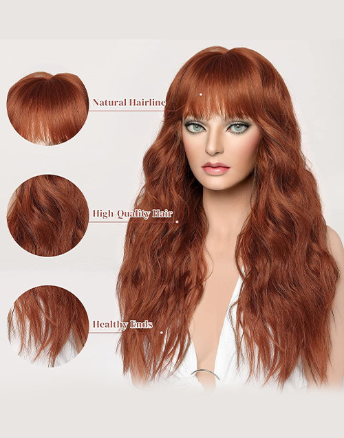 Tinay- Ginger Brown Luxury Water Falll Hair Wig With Bangs Remy Human Hair Wigs For Women