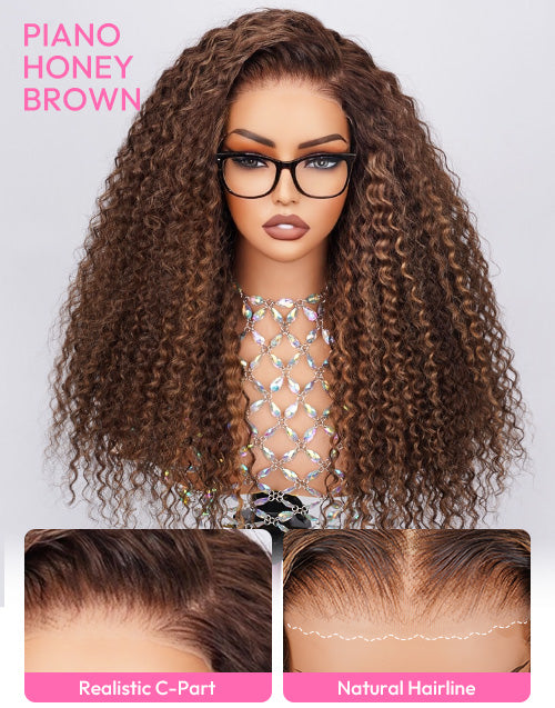 Glueless Pull Go Piano Honey Brown Highlight Curly Pre Everything Wig C/Middle Part 13x5 Frontal  Human Hair
