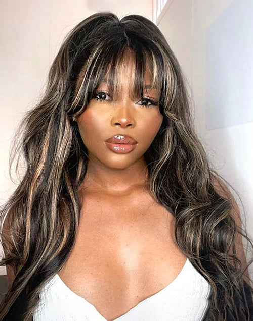 Plus 30% OFF 24" 26" Highlight Honey Body Wave Wig With Airy Bangs Pre Cut Lace Flash Deal