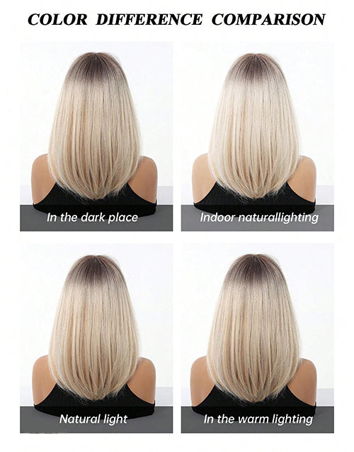 Meagan- Ombre Blonde Straight Layered Wig With Bangs Dark Roots Airy Fringe Shoulder Length For Women