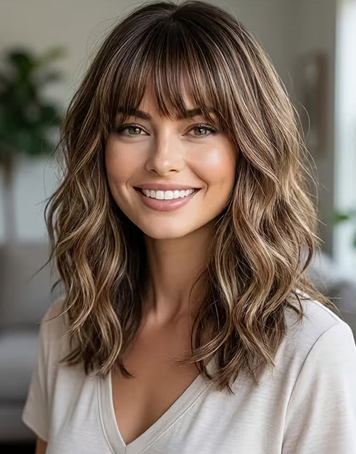 Rosie- Highlight Mocha Brown Wavy True-Hold Glueless Wig With Bangs 13x4 Lace Front Wig Mid Length For Women