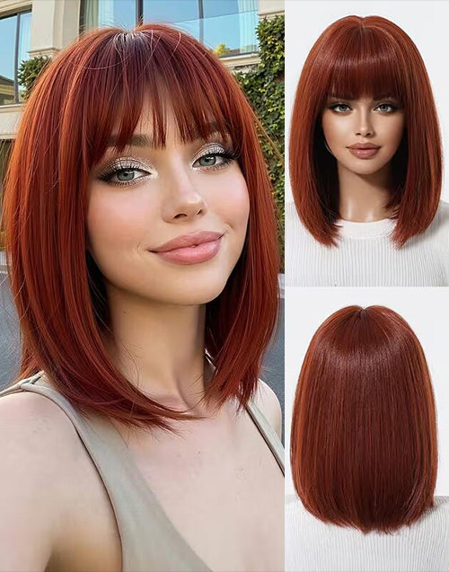 Katina- Minimalist Lace Red Copper Straight Bob Wig With Bangs For Women