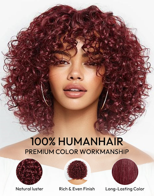 $69.99 10" Dark Red Bob Curly Glueless Wig With Bangs None Lace Beginner Friendly Flash Deal