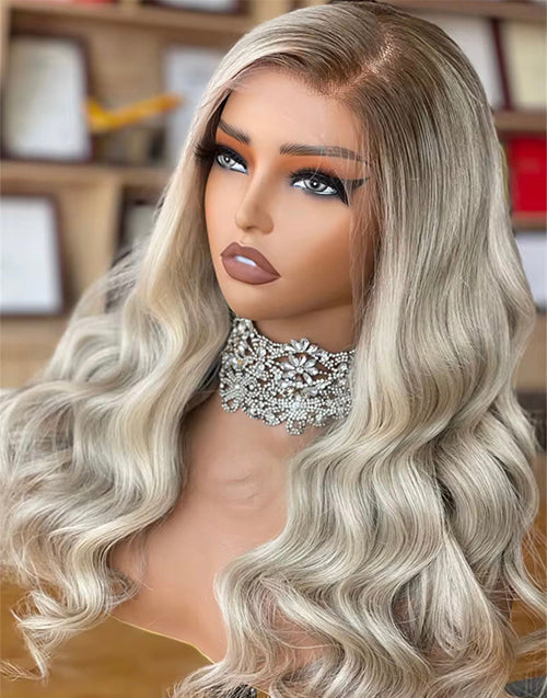 Fancy- Icey Platinum Diamond Blonde Wavy 13x4 Lace Front Wig Light Blonde Brown Roots