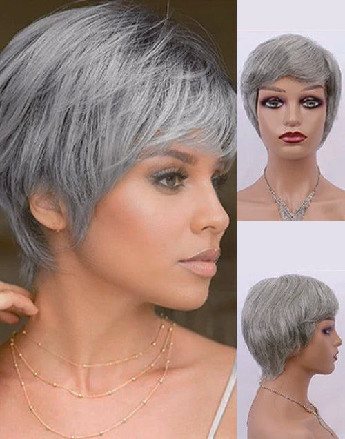 Cosima- New Pixie Cut Salt And Pepper Colored Full Machine None Lace Grey Short Wig