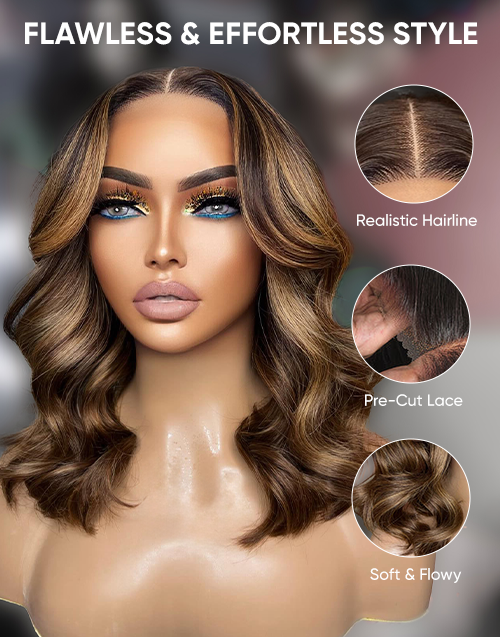 Juana- Brown Honey Balayage Loose Wavy Bob Pre Cut 13x5 Lace Wig Glueless Human Hair Wig