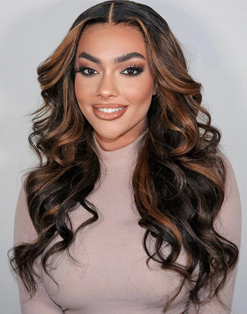 Plus 30% Off 22" 24" Highlight Brown Wavy 7x5 Pre Cut Lace Wig Flash Deal