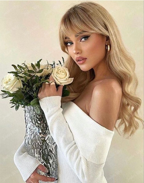 Grace-Fringe Curtain Bangs Ombre Blonde Wavy 13x4 5.5x5.5 Lace Wig Human Hair