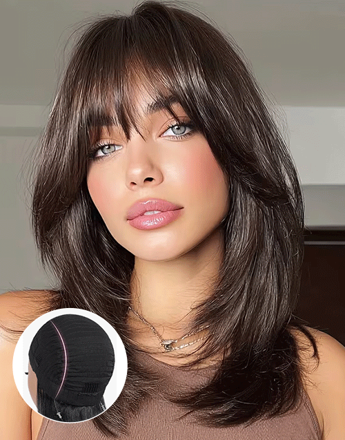 Monica- Dark Brown Smart-Fit Pull Go Glueless Wig Oval Layered Straight Wig With Curtain Bangs Pre Cut Lace