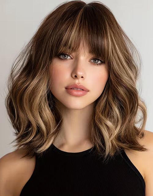 Nita- Balayage Brown Golden Blonde Wavy Bob Wig With Bangs For Women 5.5X5.5 Lace Closure Wig