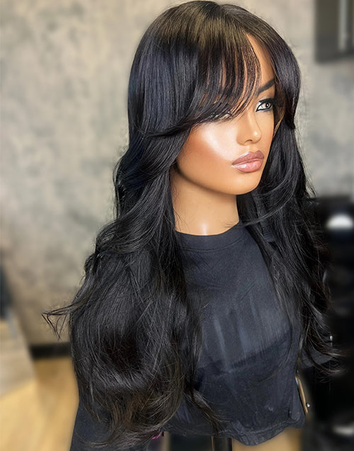 24" Smart-Fit Pull Go Glueless Wavy Layered Wig With Curtain Bangs Pre Cut 7x5 Lace Flash Deal