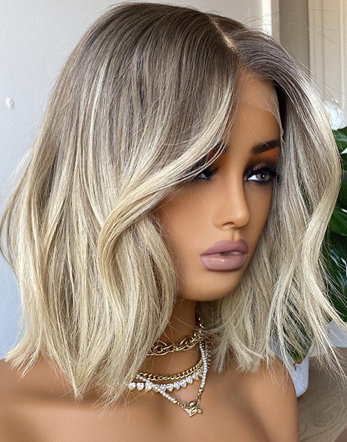 Mela-Ombre Ash Blonde Short 13x6 Lace Front Bob Wig With Ash Root Glueless Human Hair Wig