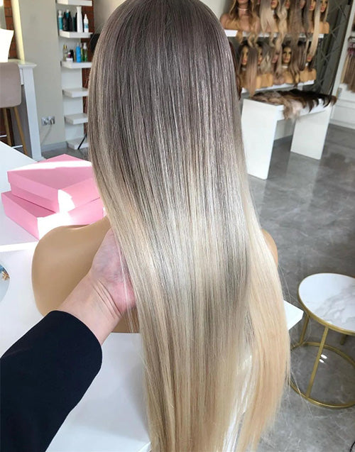24" 28" Ombre Ash Blonde Highlight Dark Roots Straight 13x4 Lace Wig Flash Deal