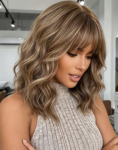 Latasha- Light Chestnut Highlights With Amber Golden Wavy Bob True-Hold Glueless 5.5x5.5 Lace Wig For Women 100% Human Hair