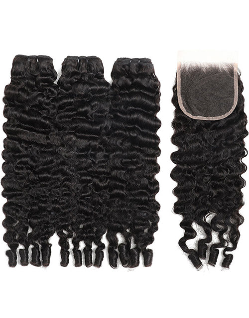 Burmese Curly 3/4 Bundles With 5x5 Lace Closure 100% Human Hair 10A Grade Natural Black