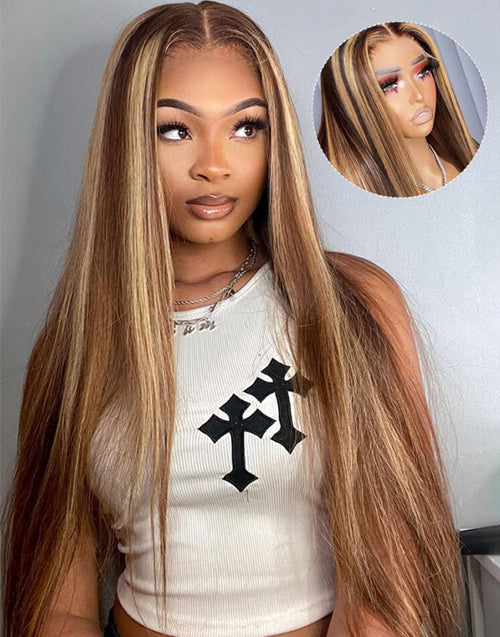 Katelyn- With Drawstring Honey Brown Highlight Straight Hair Glueless Wig Pre Cut 7x5 Lace