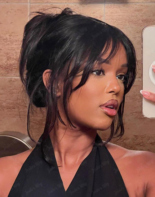 Carol- Pre Cut 9x6 Lace Wavy Layer Cut Glueless Wig With Curtain Bangs Human Hair