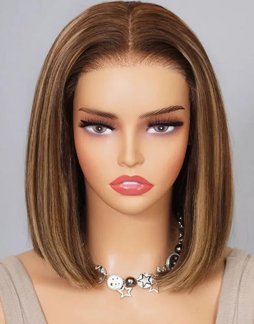 Tanisha- Highlight Honey Brown Straight Bob Wig Blunt Cut Glueless Pre Cut Lace Wig