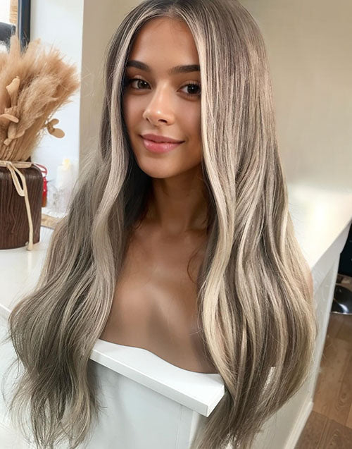 [Uma]Dark Ash Blonde  Color Wavy 4x4 Lace Wig Highlights Wigs Dark Roots