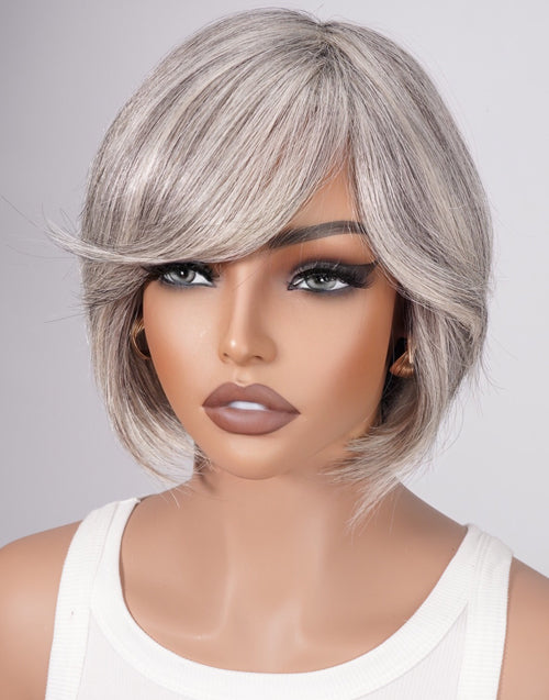 Toya- Highlight Light Grey Straight Wig With Side Bangs Full Basic Cap 100% Human Hair Wigs Short Cut Style