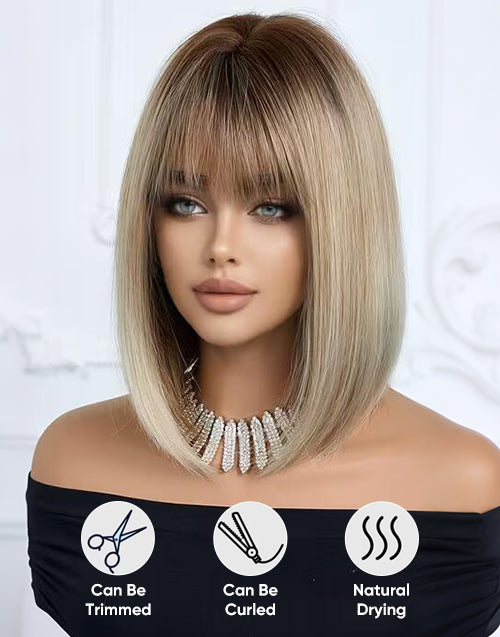 Moon- Minimalist Lace Brown Platinum Gradient Air Bangs Collarbone Straight Bob Wig