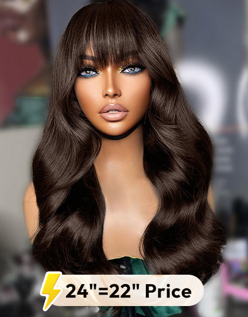 22“ 24” Dark Brown Body Wave Glueless 13x5 Pre Everything Wig With Bangs Flash Deal
