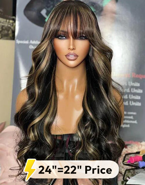 22" 24" Highlights TP1B/27 Body Wave Pre Cut 13x5 Lace Wig With Bangs Flash Deal