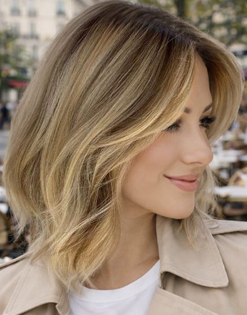 Donna- True-Hold Cap Sun Kissed Blonde Soft Wispy Bangs And Gentle Waves Bob Glueless Wig