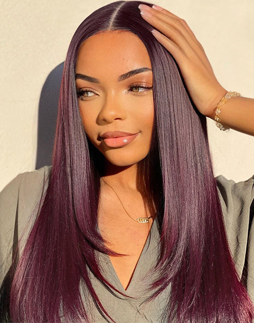 [Ready To Ship Only For US] Burgundy Color Glueless Straight Layered Human Hair Wigs Pre Cut Lace